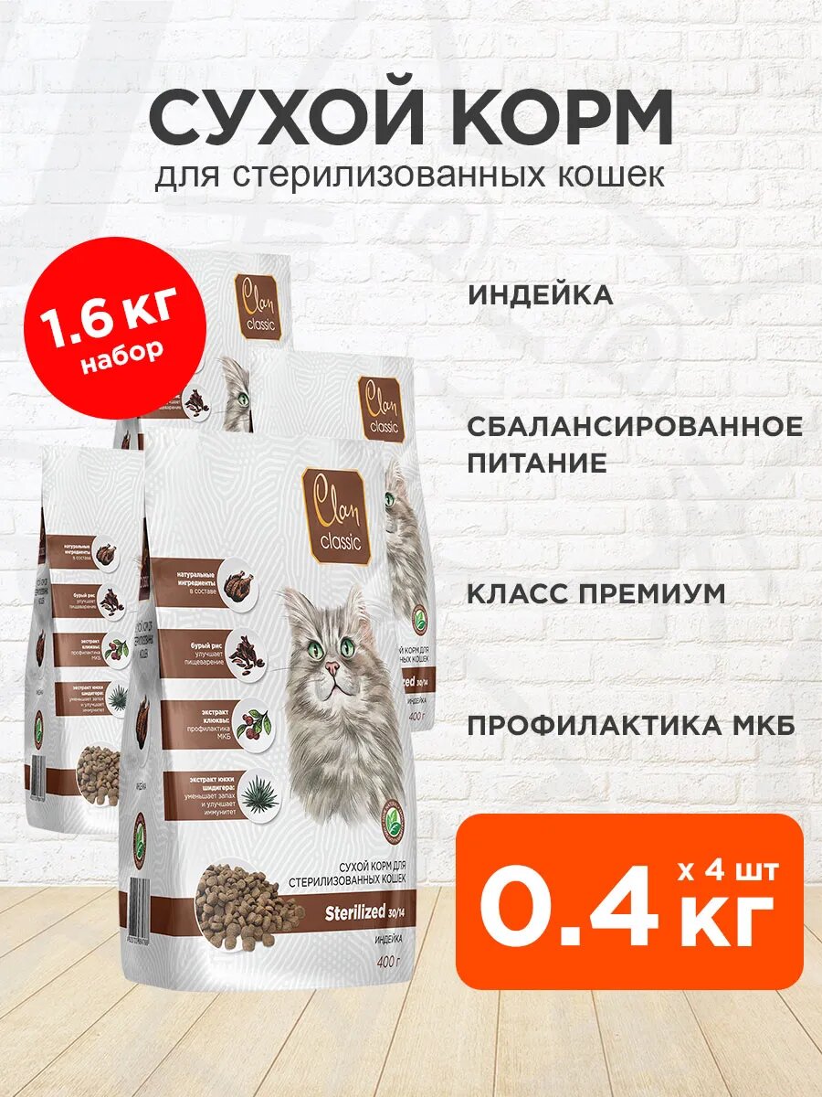 Корм сухой Clan Classic Sterilized 30/14 для кастрированных котов и стерилизованных кошек, индейка, 400 г 4 шт