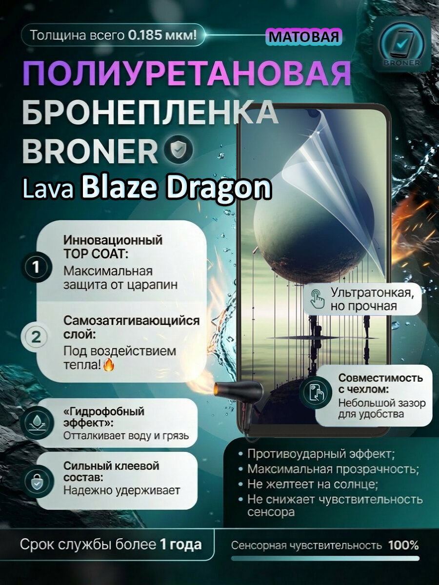 Полиуретановая бронепленка для Lava Blaze Dragon / Защитная плёнка на экран, совместима с чехлом, с вырезом под камеру / Матовая