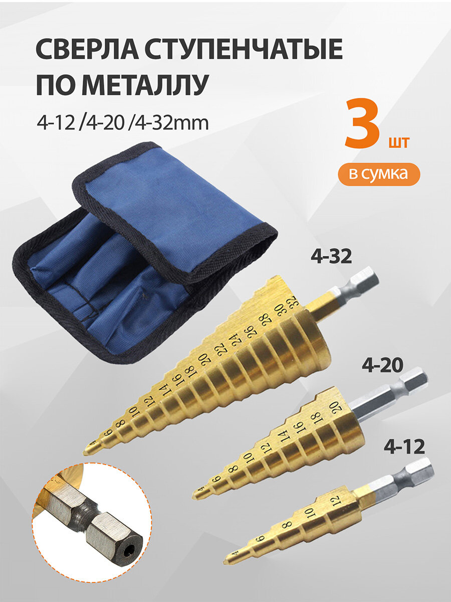 Набор ступенчатых сверл по металлу, 4-12 4-20 4-32 в сумка
