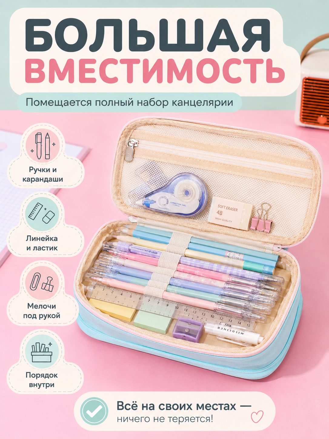 Пенал школьный двухъярусный большой, голубой