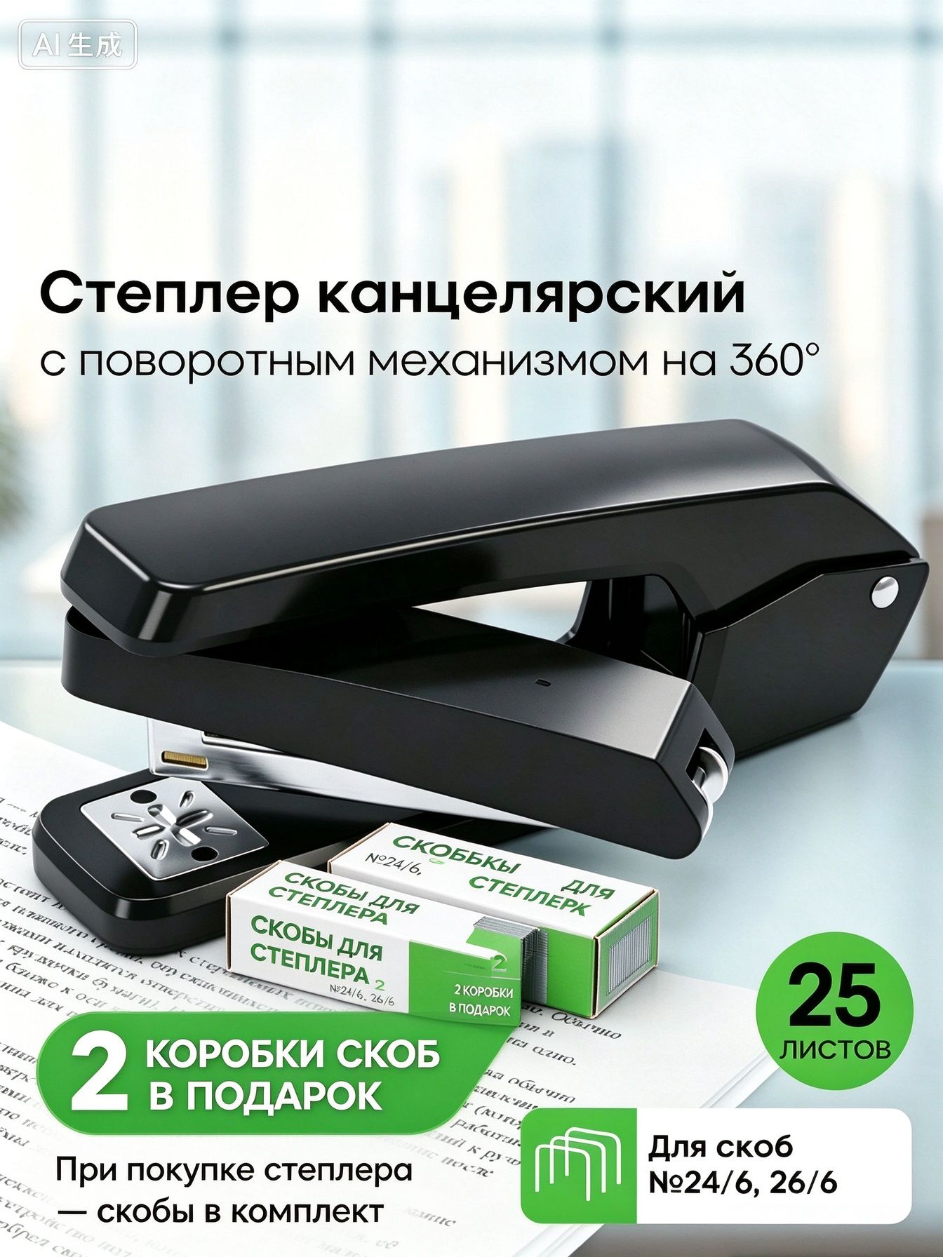 Степлер, скобы № 24/6, 26/6, до 25 листов