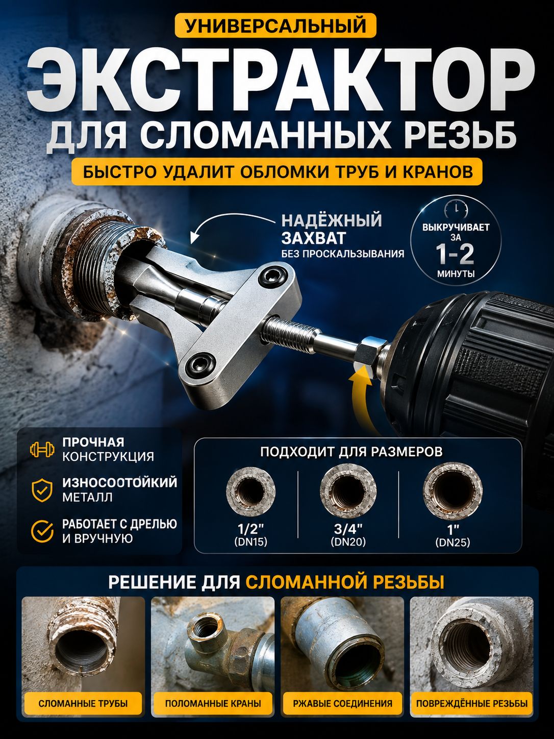 Экстрактор-съемник для сломанных резьб в водопроводных трубах и кранах, универсальная насадка под дрель (1/2", 3/4", 1")