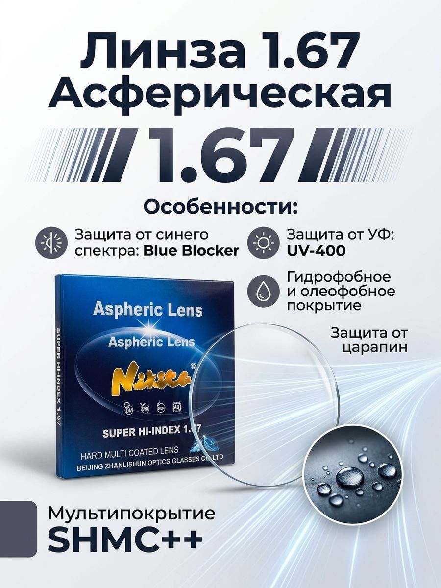 Линза для очков, сфера -12.00 Асферическая с фильтром Blue Blocker Nikita индекс 1.67