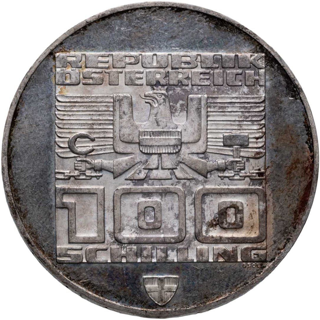 Австрия 100 шиллингов 1975 "XII зимние Олимпийские Игры, Инсбрук 1976 - Здания и Олимпийская эмблема", Серебро 640, в сохранности Proof