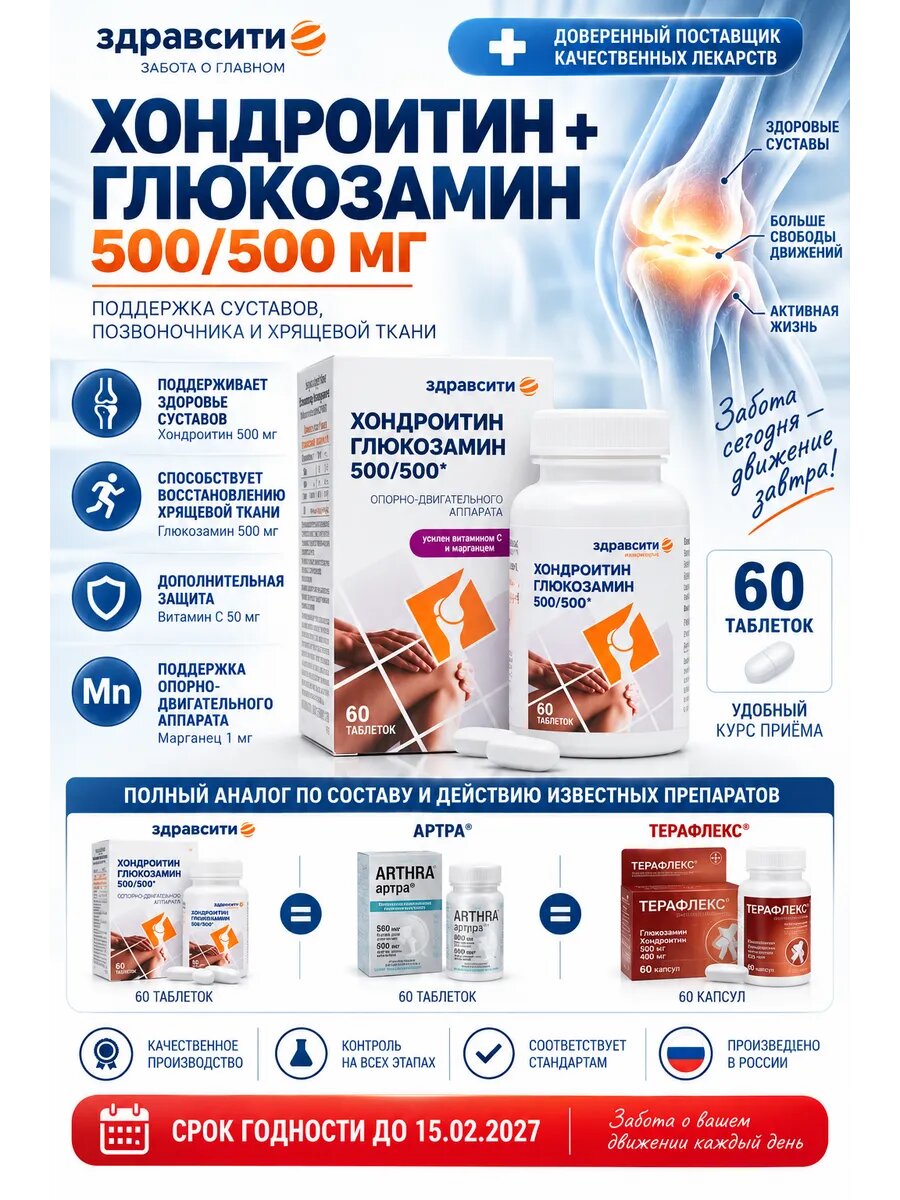 Комплекс хондроитина и глюкозамина 500мг/500мг 60 таблеток