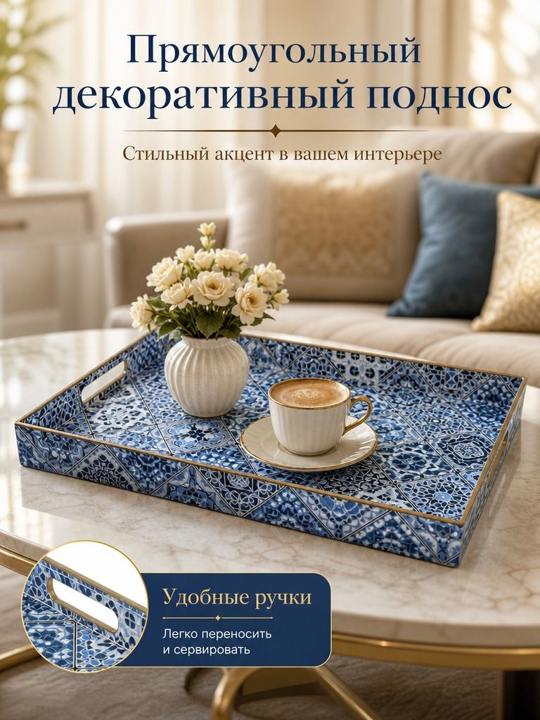 Fletiter Поднос с ручками, 40 см х 30 см, 1 шт, синий, ширина 30 см, длина 40 см, высота 4 см