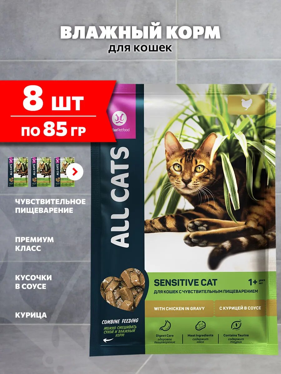 Корм влажный All Cats Sensitive для взрослых кошек с чувствительным пищеварением, курица в соусе, 85 г 8 шт