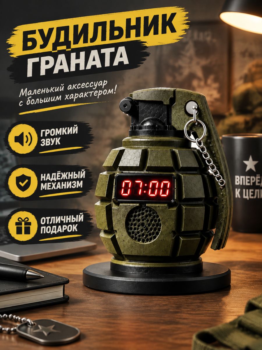 Креативный будильник-граната из смолы, настольный, хаки, 16x11x11 см