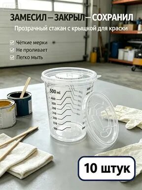 Ёмкость пластиковая для смешивания красок 500 мл (10 шт.), мерный стакан с крышкой