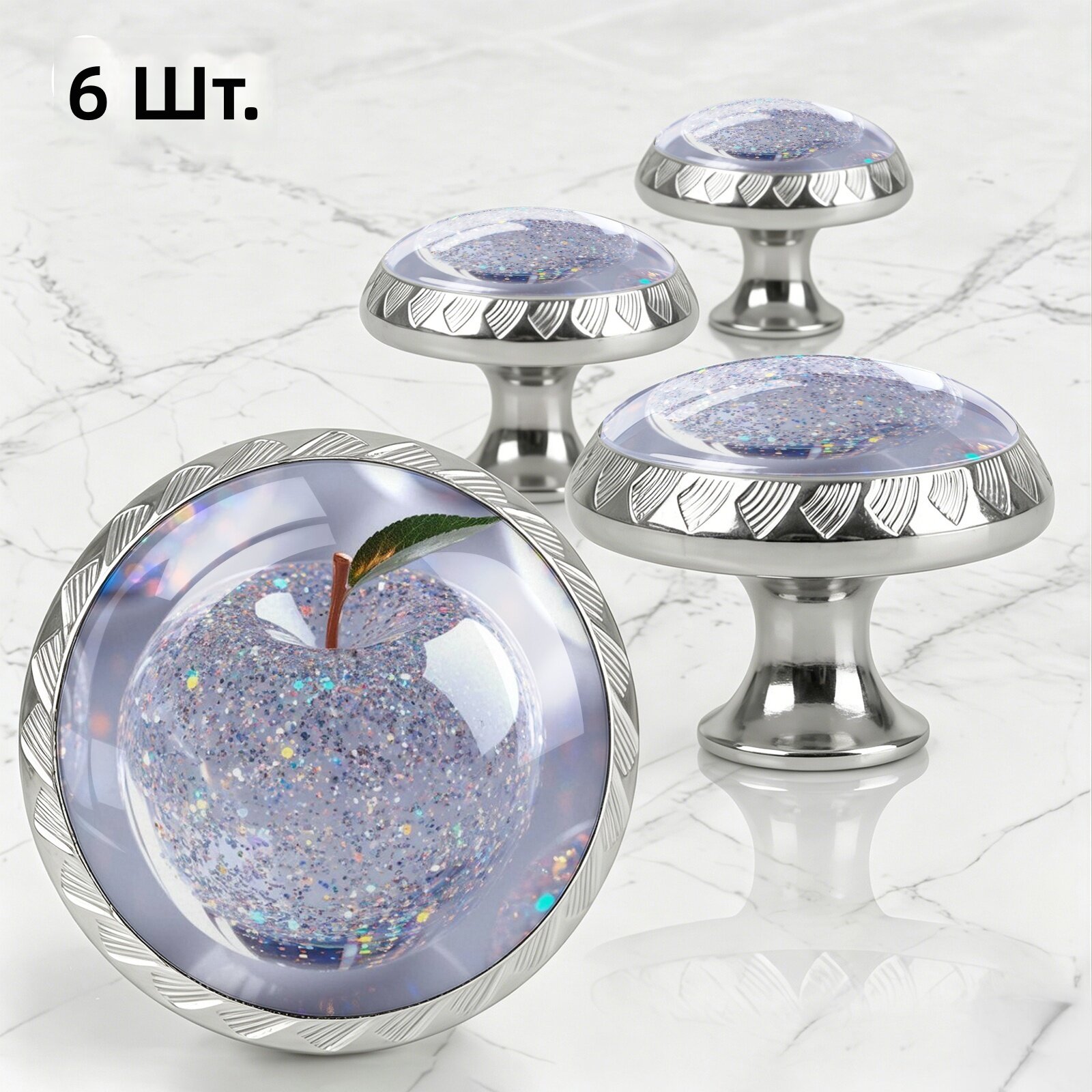 Круглые стеклянные ручки для мебели с глиттером, комплект из 6 шт, цвет: серебристый
