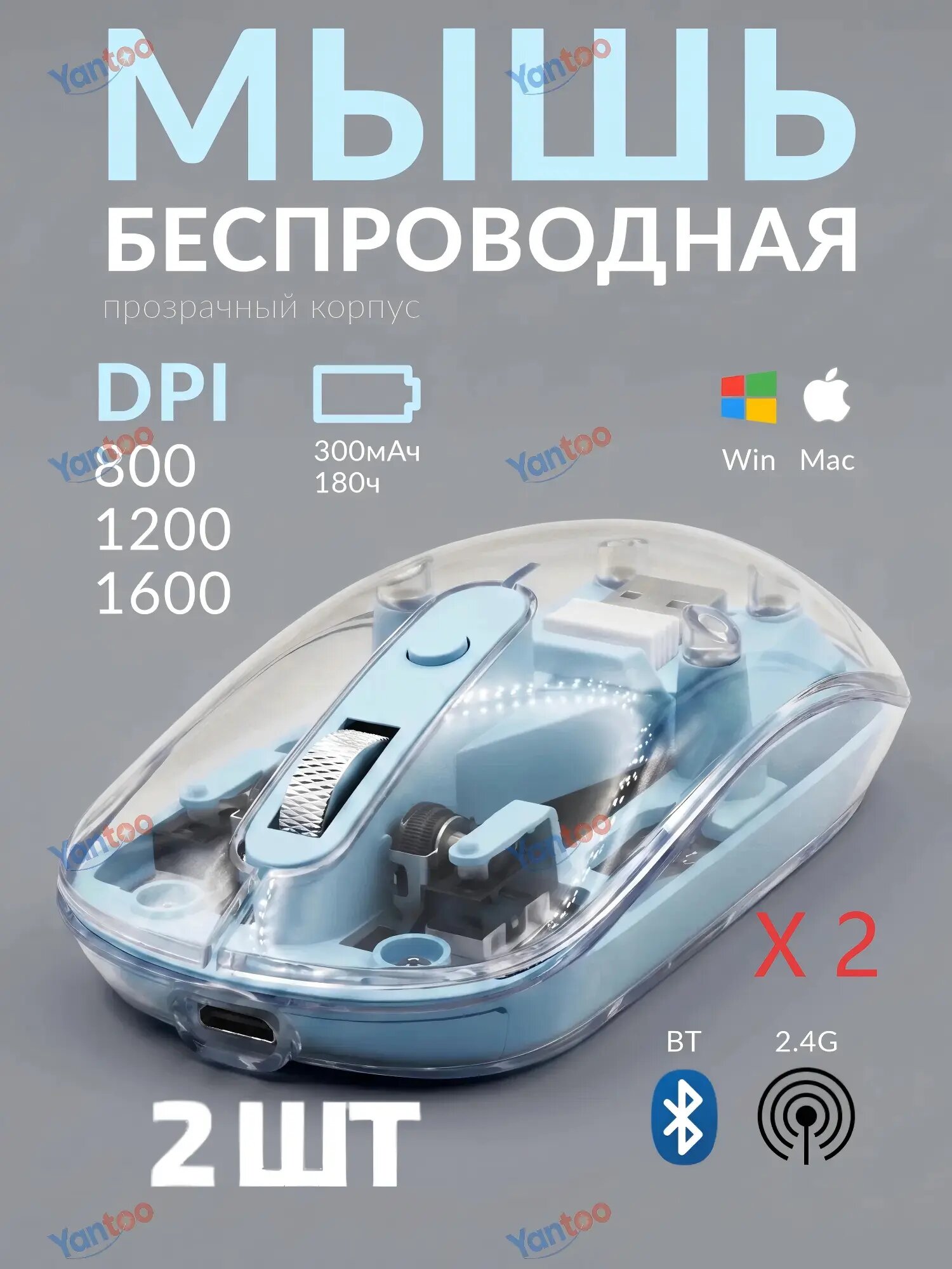 2 шт, Синий вариант компьютерная , беспроводная, оптическая, эргономичная, прозрачная, 2 способа подключения