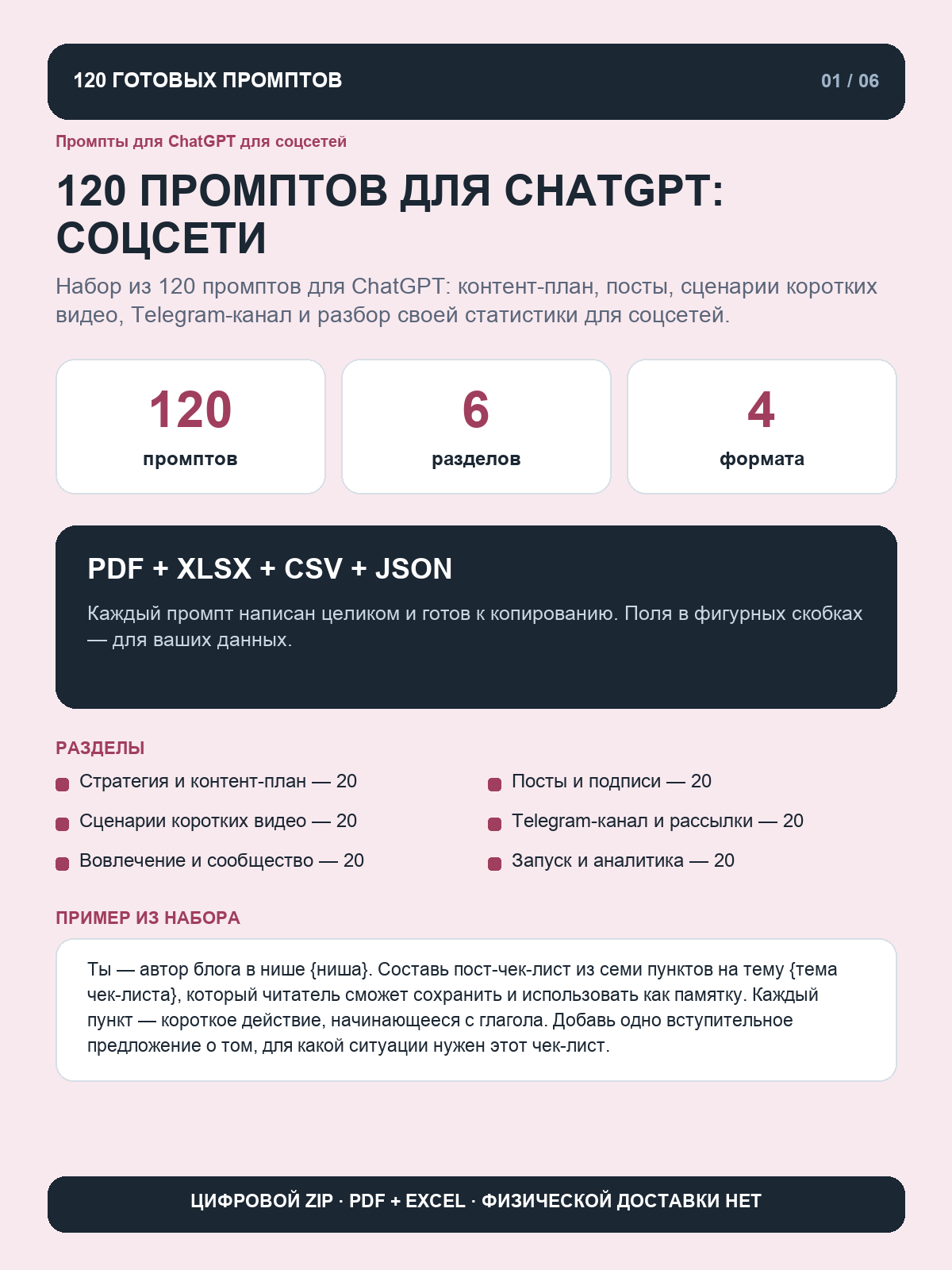 Промпты для ChatGPT для соцсетей: 120 запросов для постов, коротких видео и Telegram, цифровой ZIP PDF Excel