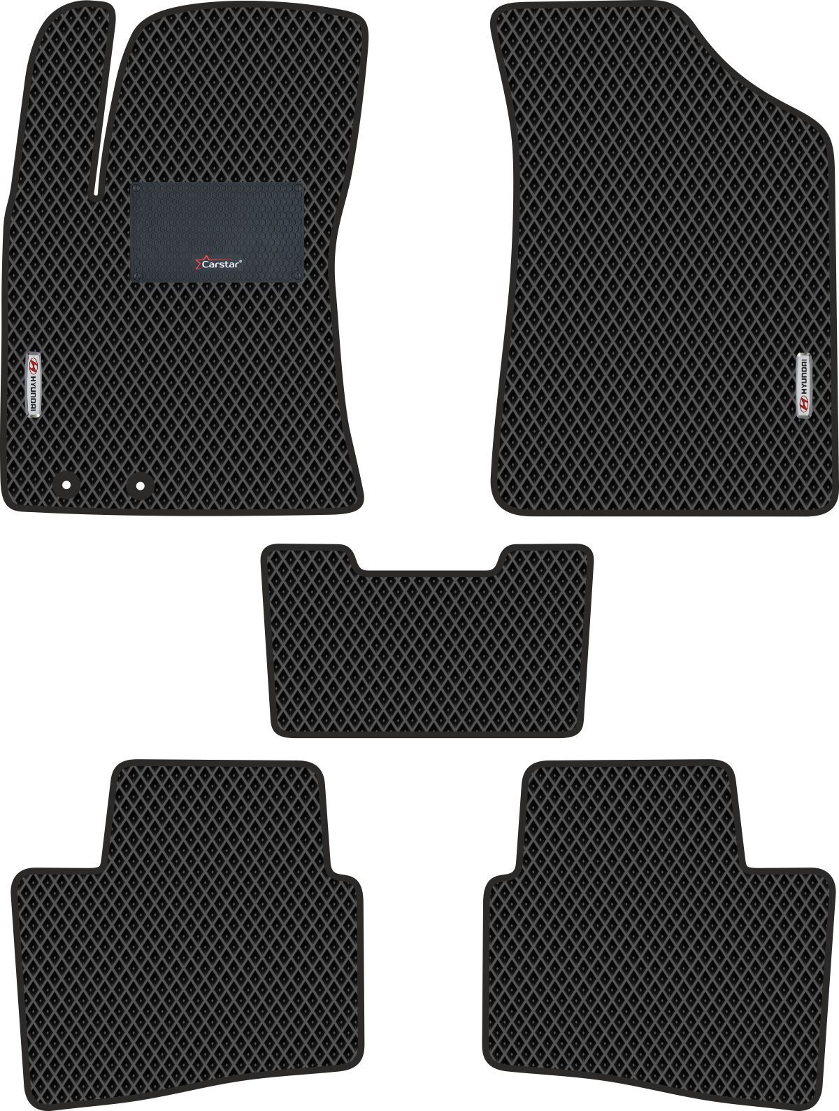 Автомобильные коврики EVA для Hyundai Elantra IV (2006-2011), с каучуковым подпятником и 2 эмблемами Hyundai, чёрные с чёрным кантом, ячейка - ромб