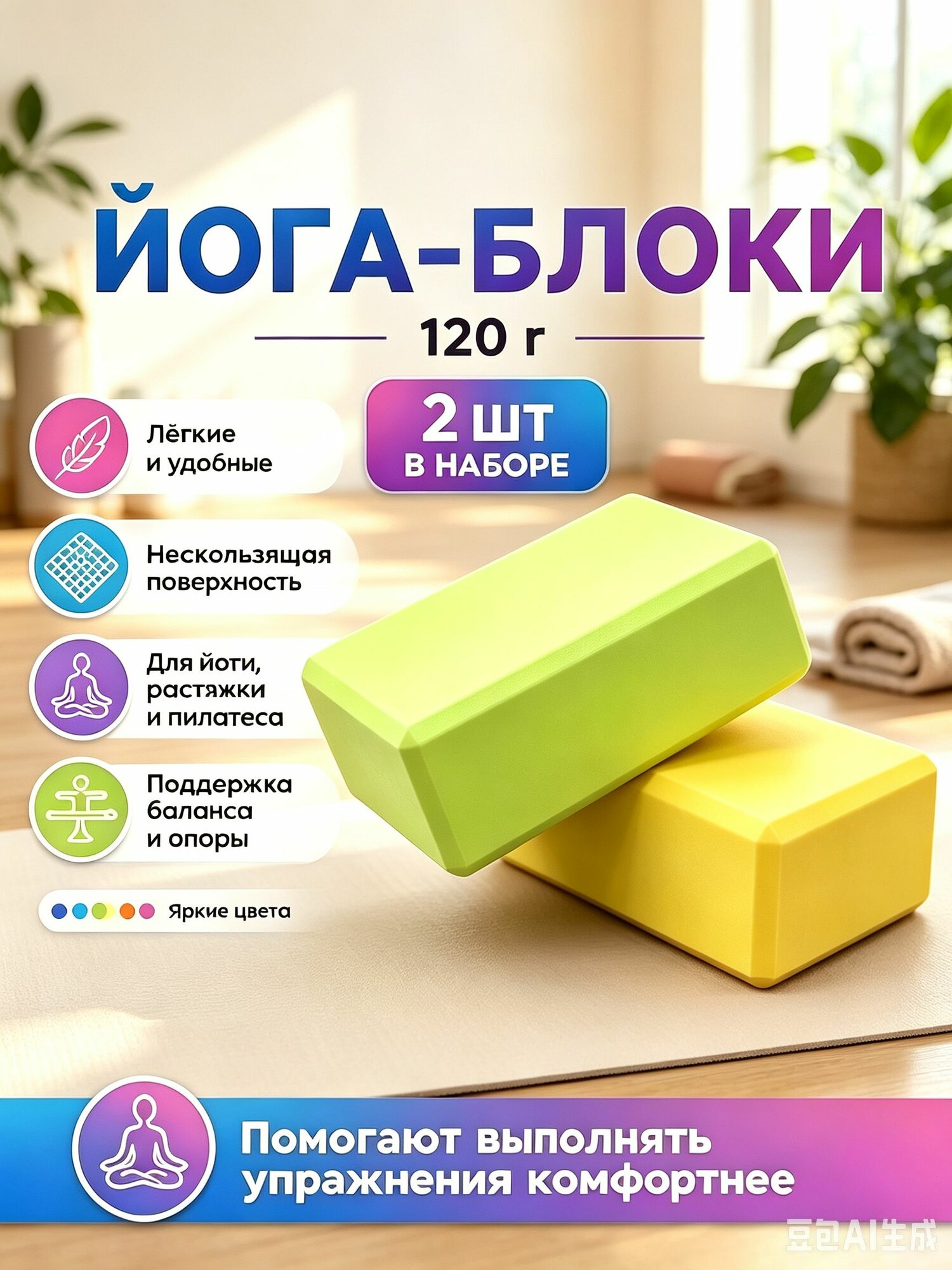 Блок для йоги, Кирпич для фитнеса, Спортивный кубик для гимнастики, Кирпичик для растяжки, Размер 23х15х7.5 см