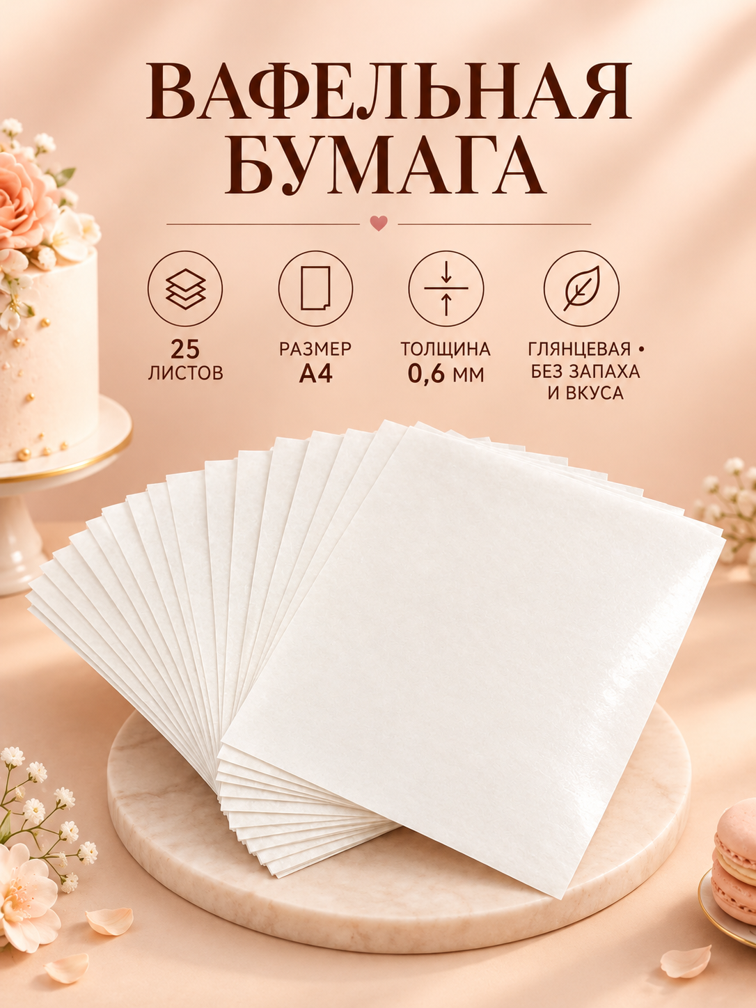 Вафельная пищевая бумага толстая 0.6-0.7мм KOPYFORM, 25 листов