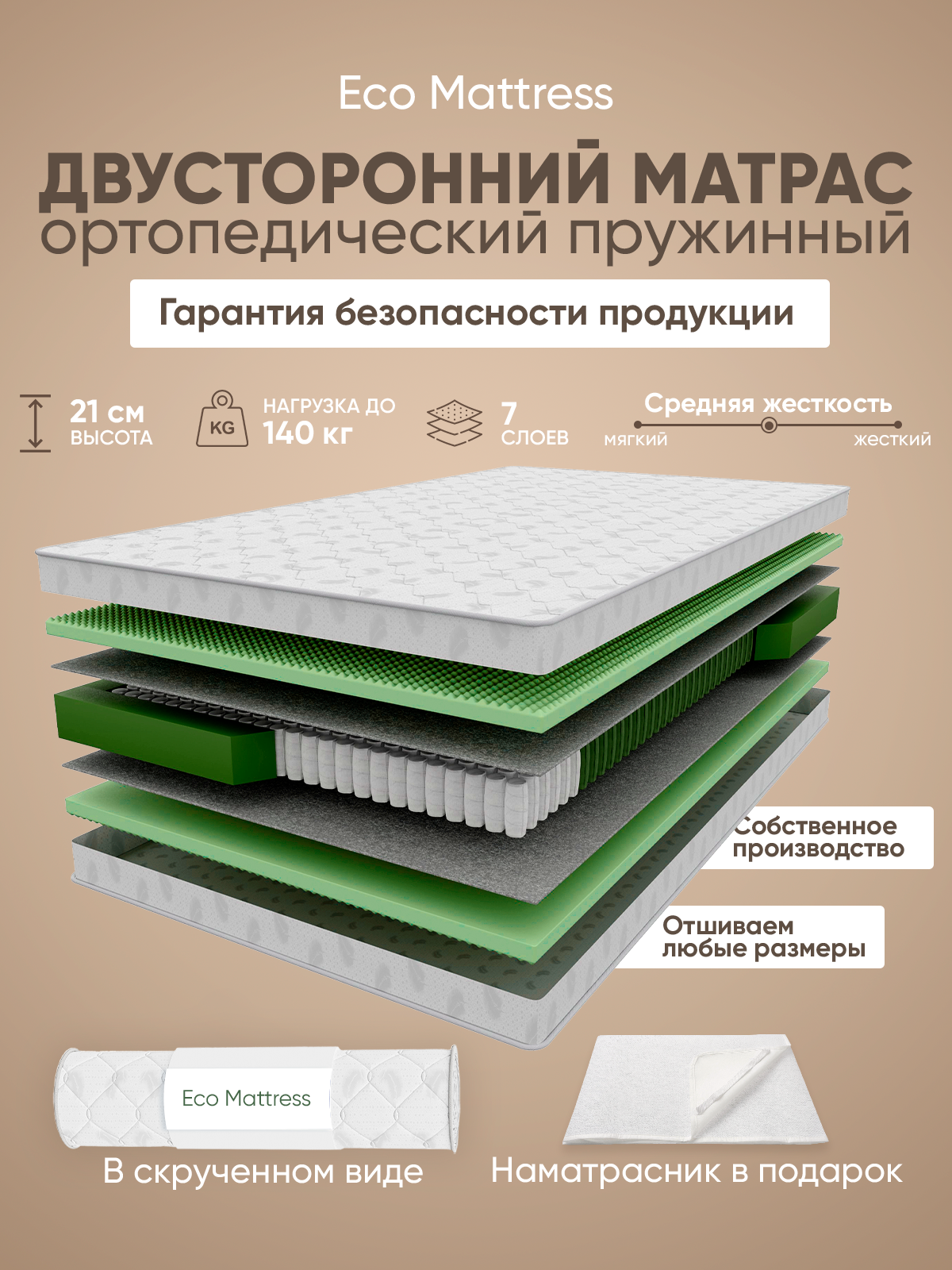 Ортопедический двусторонний матрас Eco Mattress KSk + Наматрасник Furry 130х195 см, независимые пружины, в рулоне