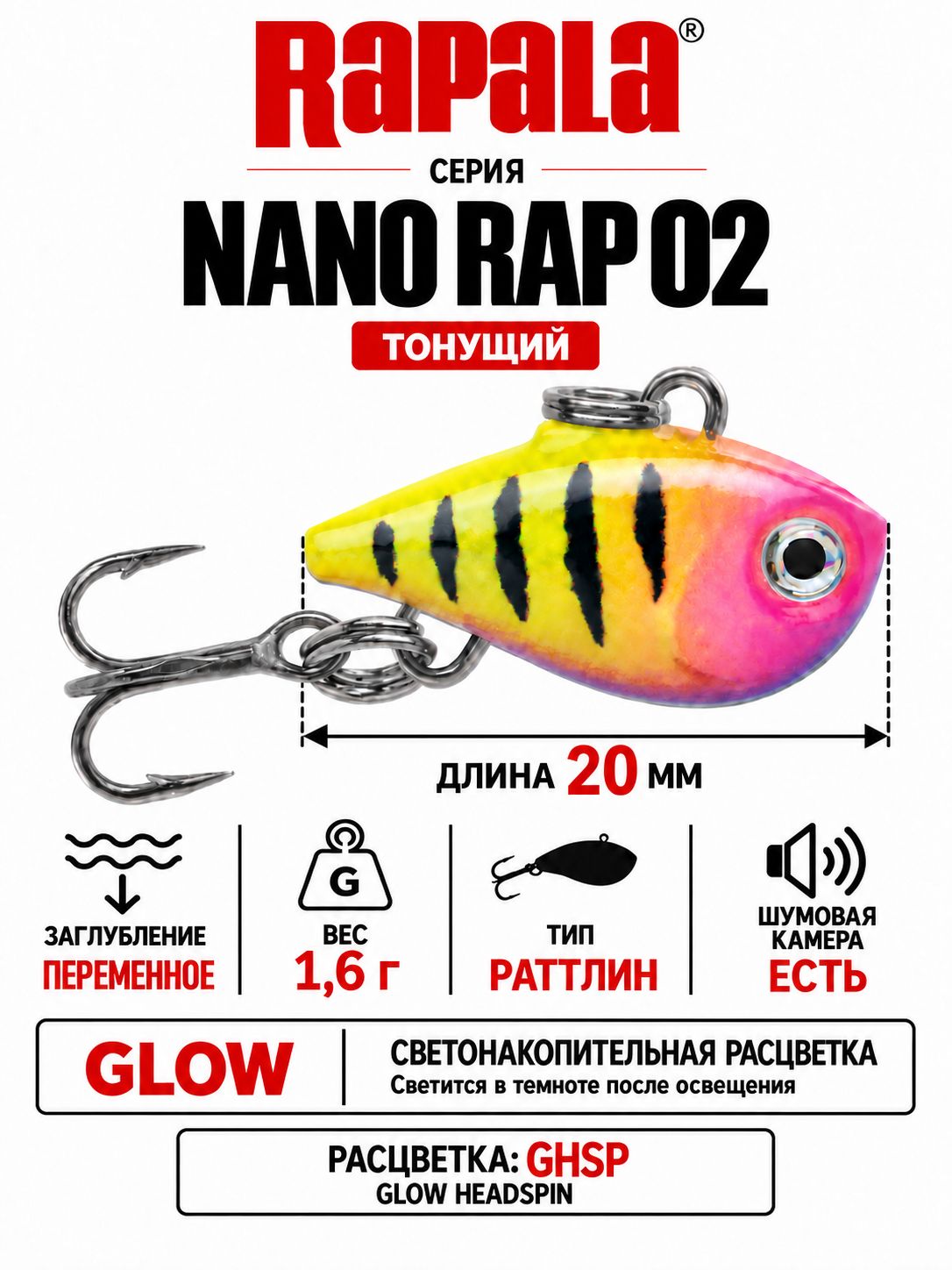Воблер RAPALA Nano Rap 02 GHSP тонущий 2см, 1,6гр.
