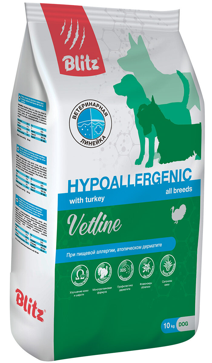 Корм сухой Blitz Vetline Hypoallergenic для собак при пищевой аллергии, непереносимости и атопическом дерматите, 10 кг
