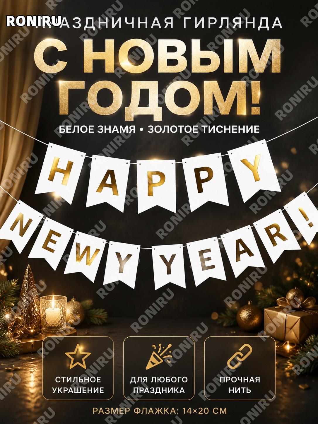 HAPPY NEW YEAR новогодняя флажная гирлянда 14×20 см белая с золотым тиснением бумажный баннер для праздника декор