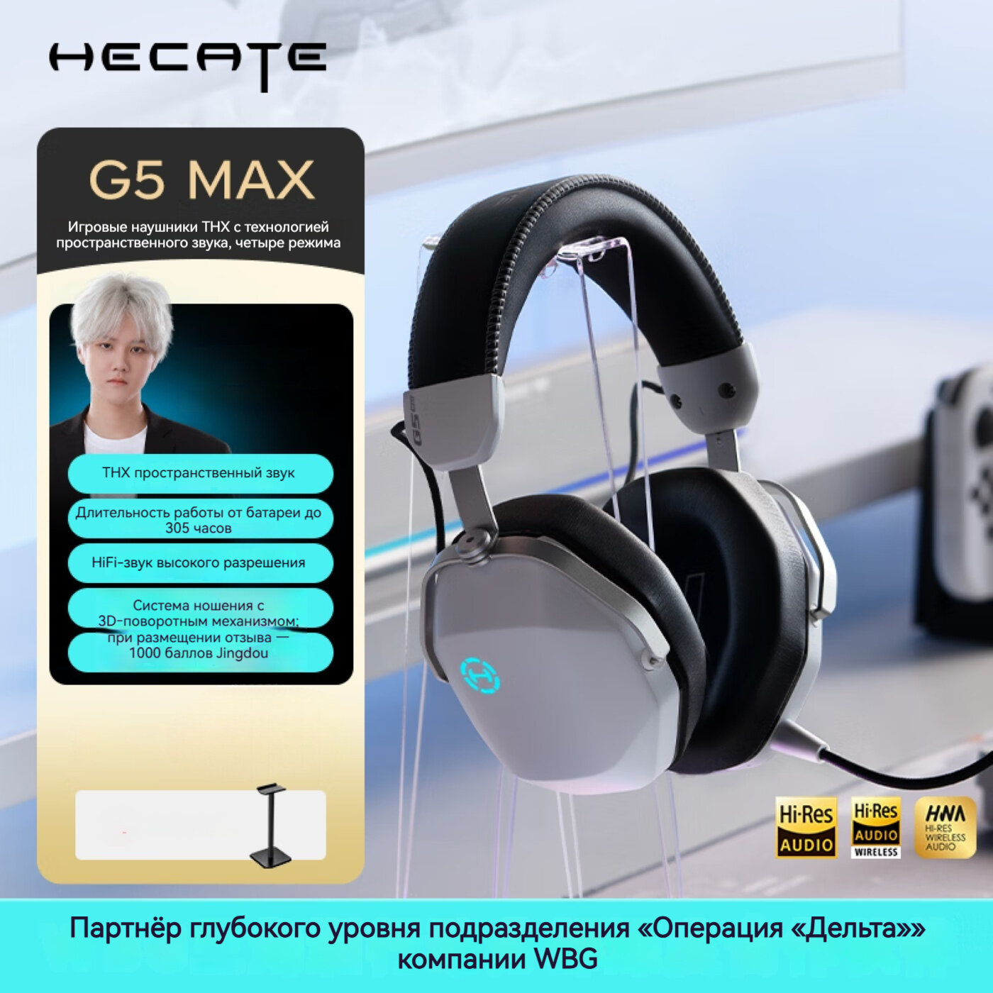 EDIFIER, беспроводная версия HECATE G5 MAX, четырехрежимное подключение 2,4G Type-C/2,4G USB-A/Bluetooth/USB, тройное шумоподавление, 2000 мАч, игровая гарнитура для установки на голову.
