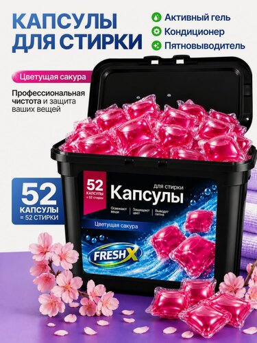 Изображение товара Капсулы для стирки белья FRESH X, Цветущая Сакура, 52 шт