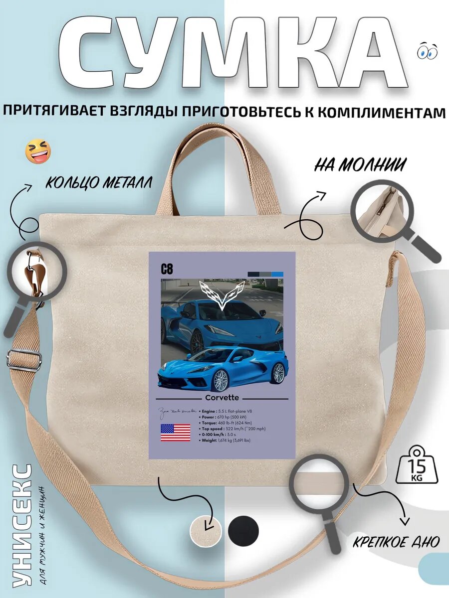 Сумка шоппер  Корвет C8 спорткар в движении