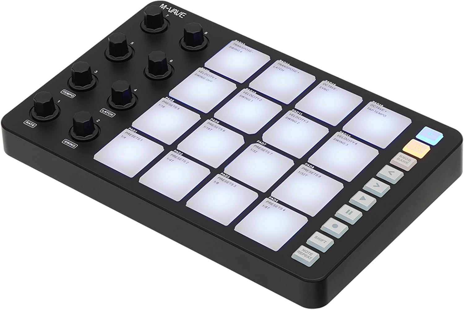 Беспроводной MIDI-контроллер M-VAVE SMC-PAD черного цвета с USB-кабелями в комплекте для создания и управления музыкой