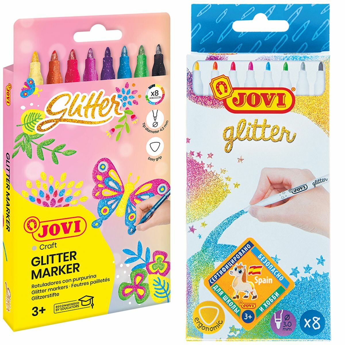 Набор фломастеров 8 цветов Jovi Glitter (линия 2мм, смываемые, с блестками) картон. уп. (1608G)
