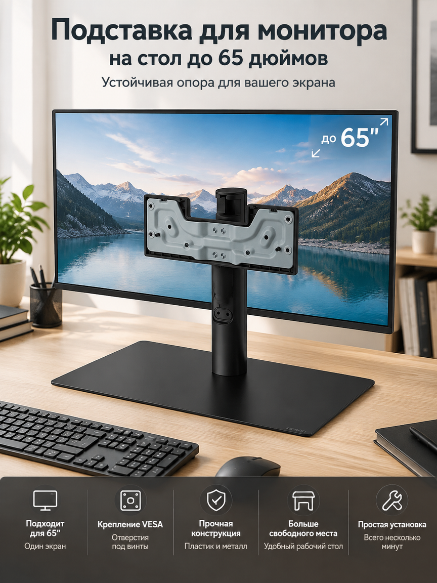 Подставка для монитора на стол до 65 дюймов, чёрное основание и VESA-площадка, устойчивая опора