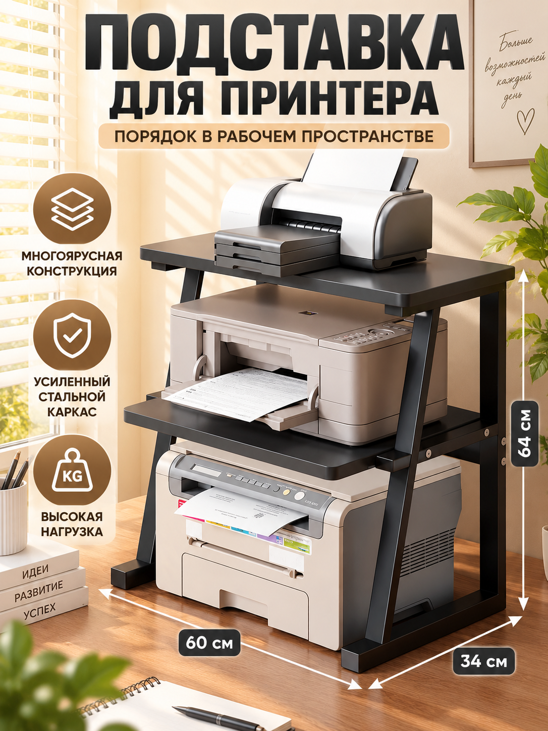 Подставка для принтера настольная с усиленным каркасом, высокая нагрузка, органайзер для организации рабочего пространства на столе