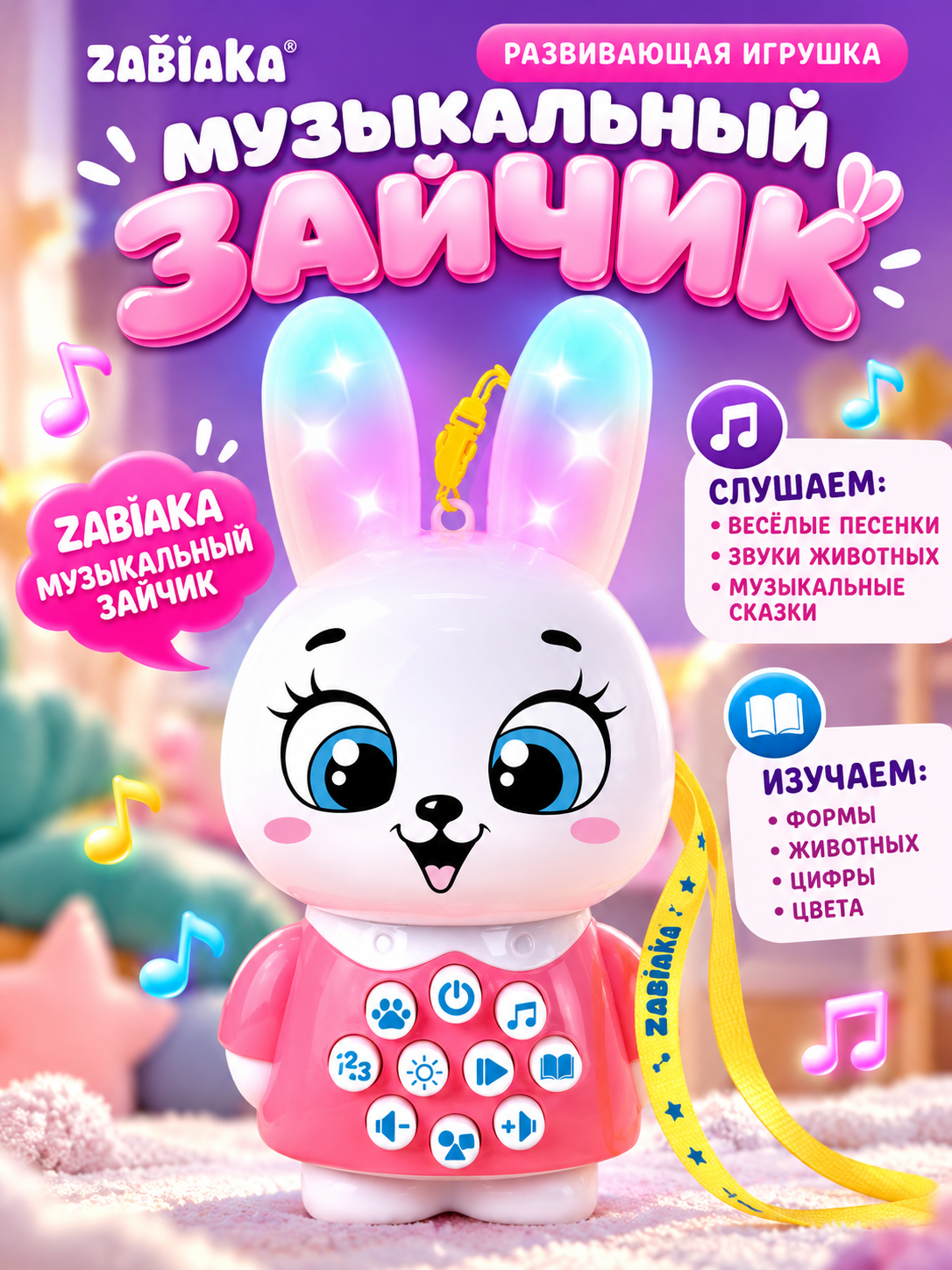 Развивающая игрушка ZABIAKA "Музыкальный зайчик", звуковые эффекты, для детей и малышей
