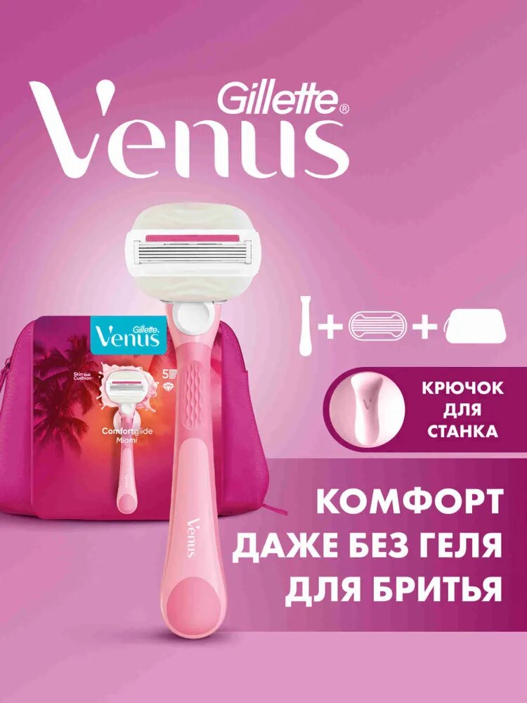 Женский подарочный набор: бритва Gillette Venus Miami многоразовая, станок для бритья с 1 сменной кассетой и косметичкой