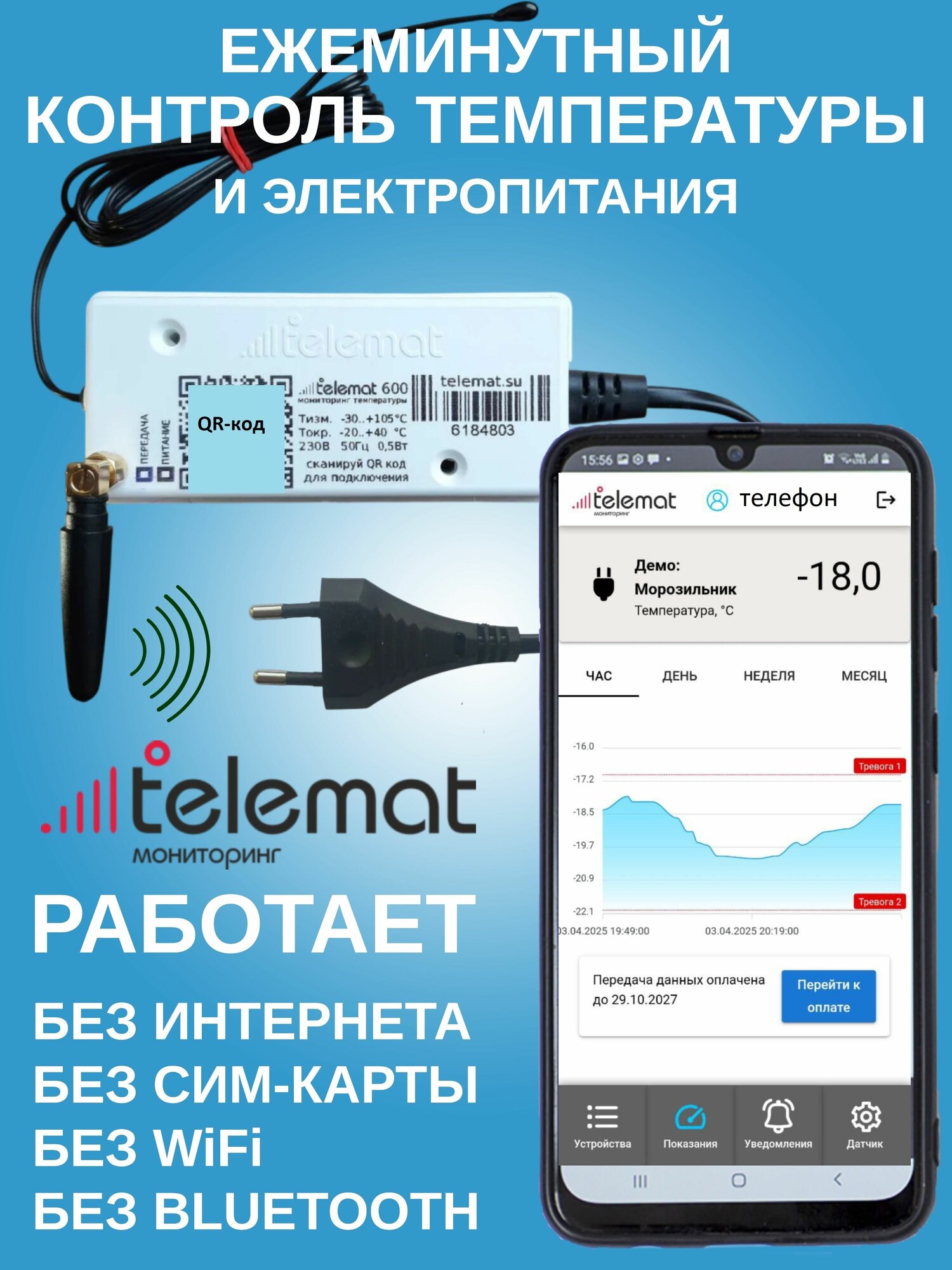 Беспроводной датчик температуры Telemat (Телемат) 600 с GSM-оповещением для дома и оборудования.