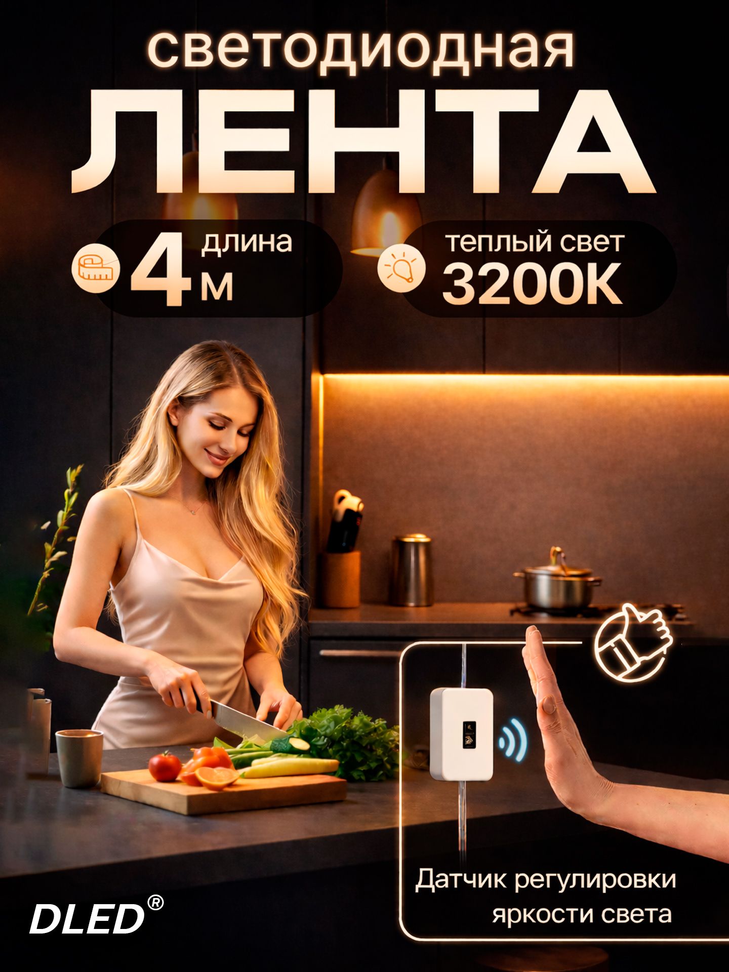 USB LED Лента COB с бесконтактным выключателем, 3200К теплый белый - 4 метра