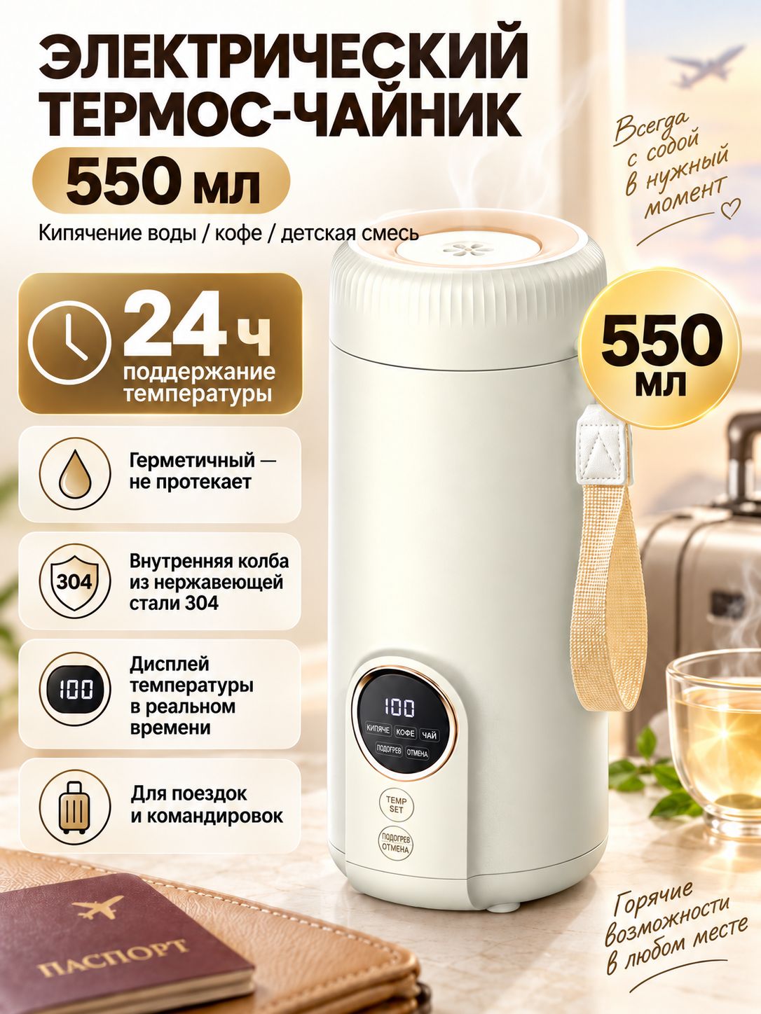 Электрический чайник MINI, светло-бежевый, прозрачный
