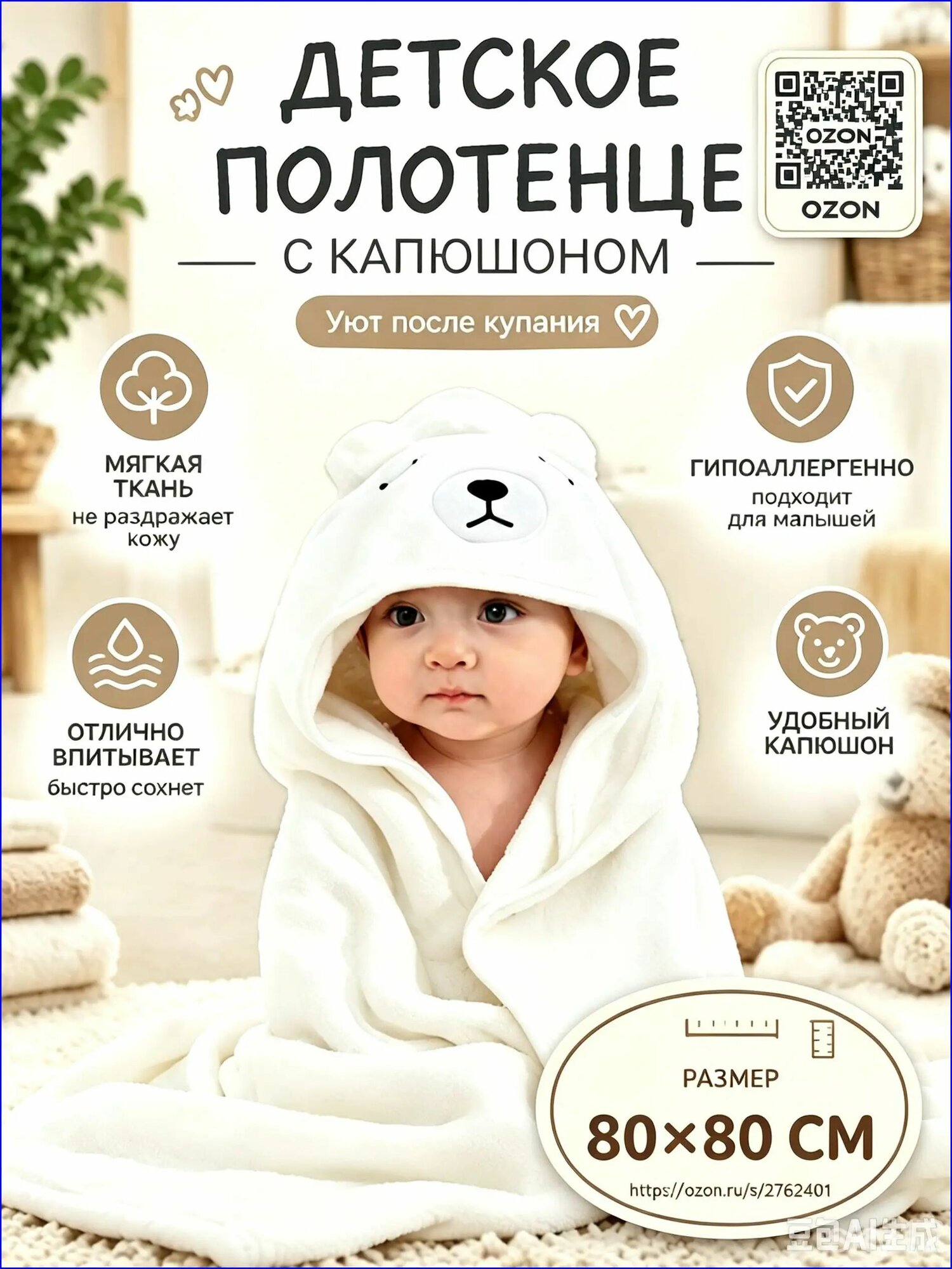 VALARTIS Полотенце детское 80.5x80.5 см, махровая ткань, белый, черный, 1 шт