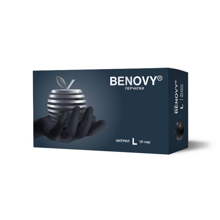 Перчатки смотровые benovy нитриловые нестерильные неопудренные текстурированные на пальцах хлорированные l 50 пар/черный