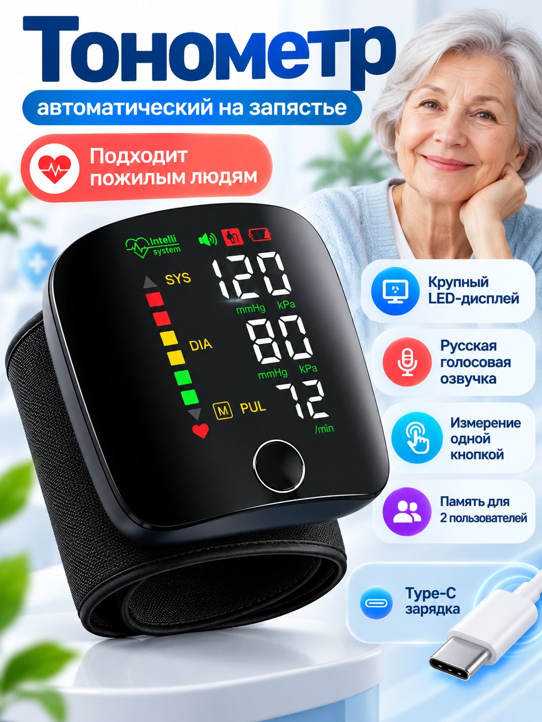 Тонометр автоматический на запястье цифровой, тонометр цифровой для измерения давления