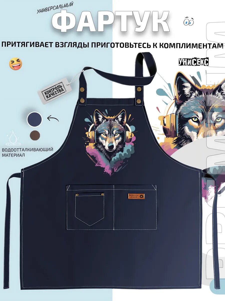 Фартук Волк Wolf аниме музыка наушники кухонный с принтом универсальный