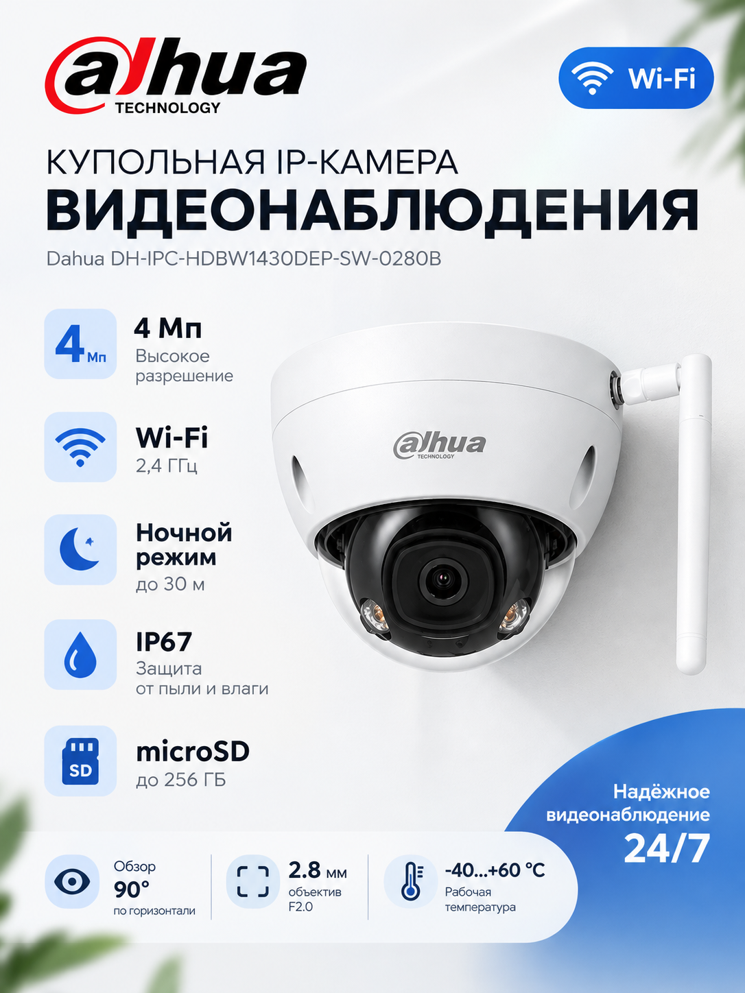 Dahua DH-IPC-HDBW1430DEP-SW-0280B - 4 Мп уличная купольная IP-камера, объектив 2,8 мм, ИК-подсветка до 30 м