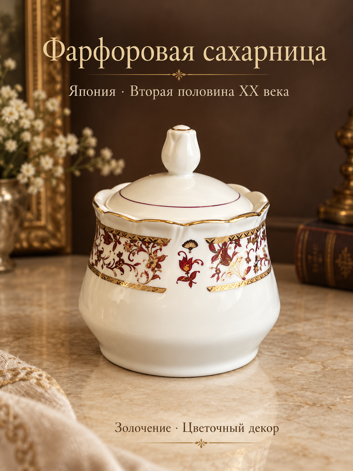 Сахарница фарфоровая, рельеф, изящный цветочный декор с золочением, Япония HI-LUXE, SM, винтаж 1980-1990 гг