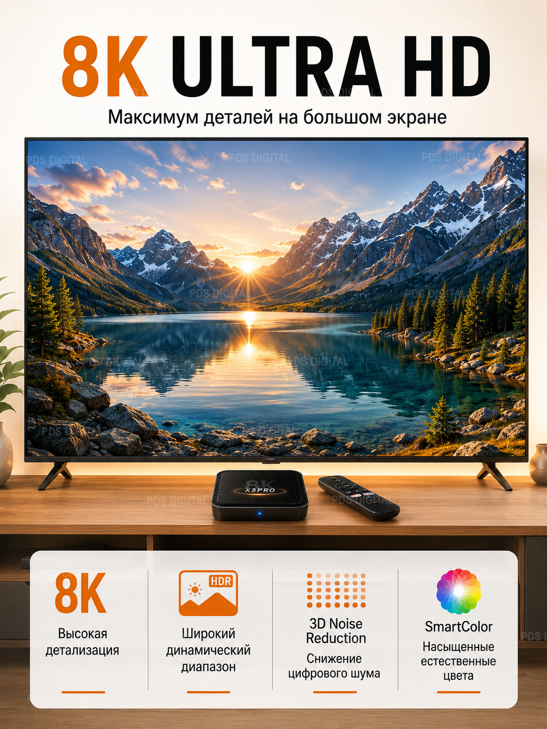 Смарт ТВ приставка для телевизора с LAN, медиаплеер Android TV, 8/128 ГБ, Андроид 14, Wi-Fi, 4K, 8K UHD — фото 1