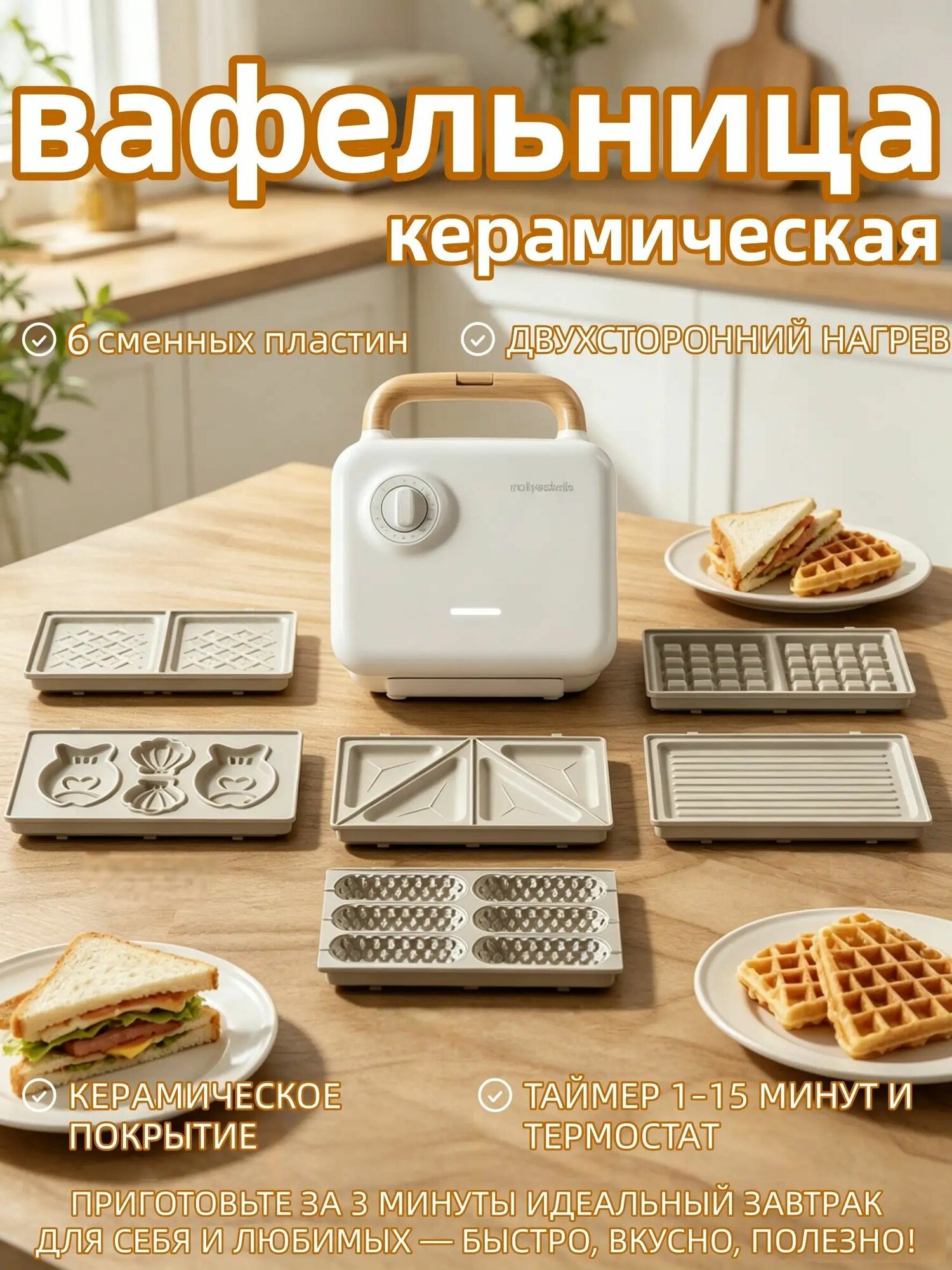 Вафельница вафельница с керамическим покрытием 750 Вт, белый, темно-бежевый