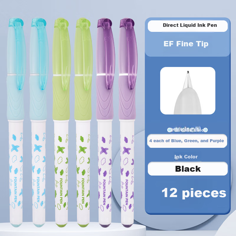 Ручка Snowhite с прямым заполнением чернил EF Fine Tip 12 шт. для детей, быстросохнущие чёрные чернила, нескользящая