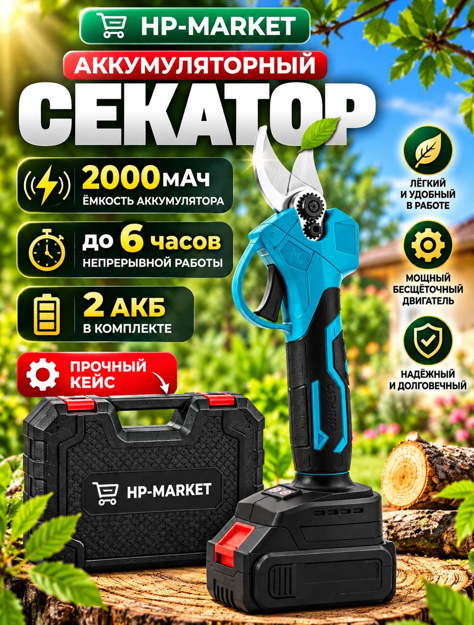 Беспроводной электрический электросекатор с двумя аккумуляторами и кейсом, садовый секатор аккумуляторный