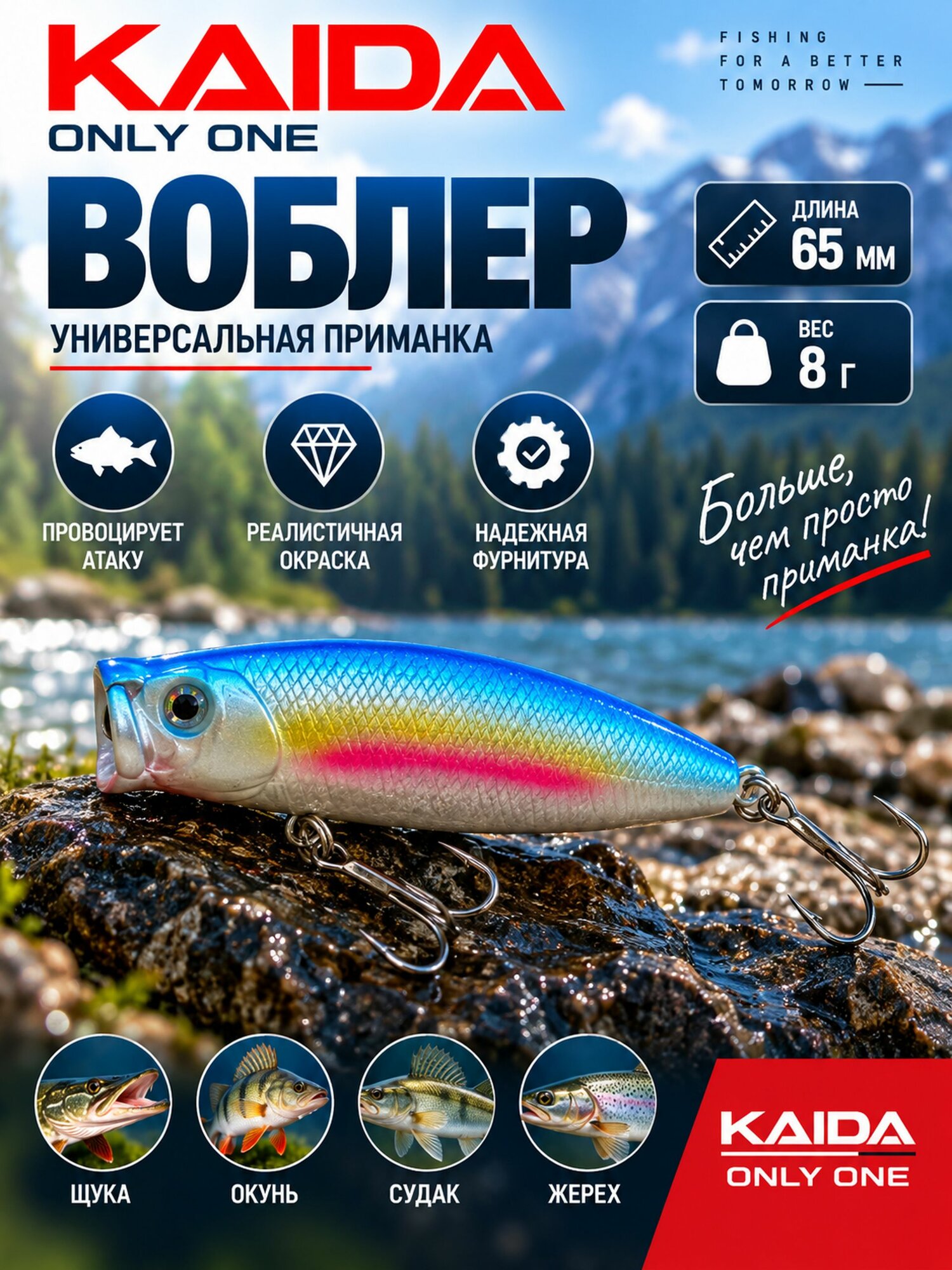 Воблер KAIDA составной на щуку, судака и окуня 65 мм 8 г, искусственная приманка для спиннинга
