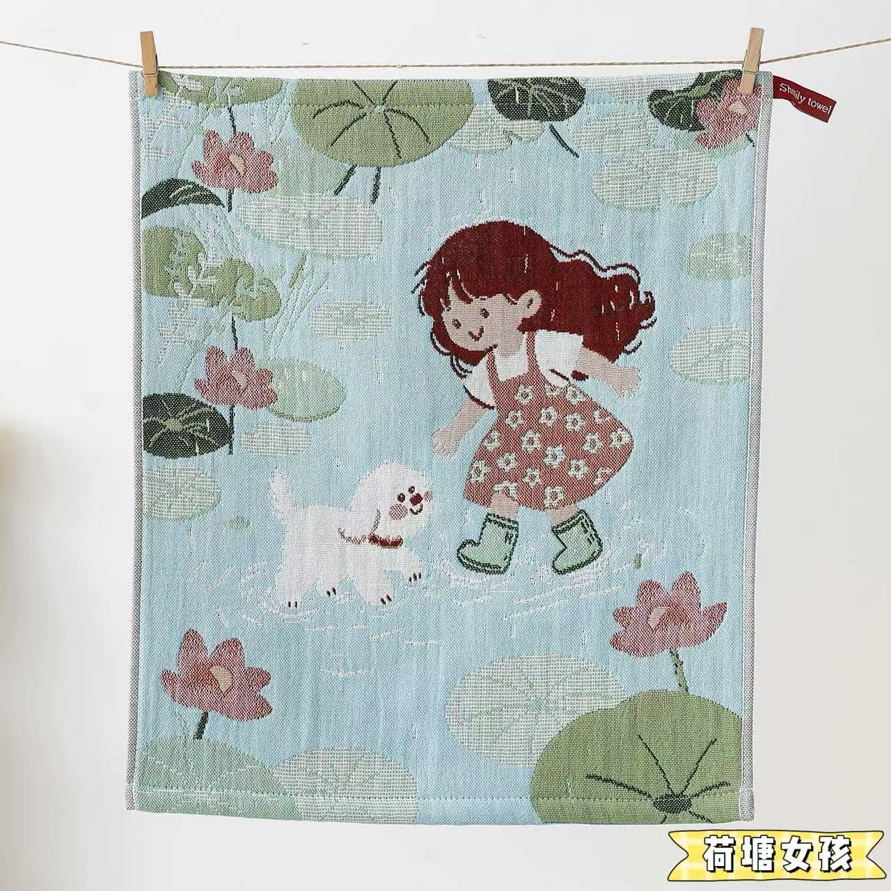 Хлопковое марлевое квадратное полотенце, мультяшное для рук, 34x40 см, кухонная салфетка с рисунком Девушка у лотоса