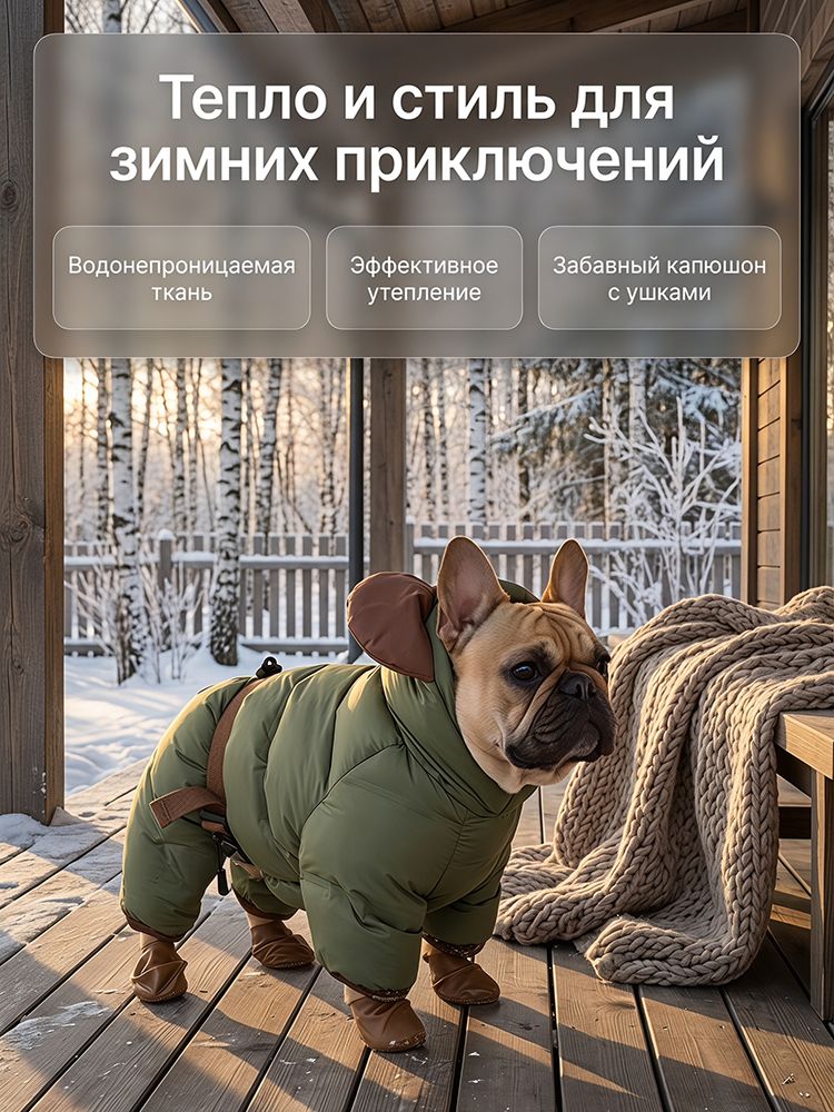 Зеленый цельный комбинезон для собак французского бульдога размер L 3XL, теплая зимняя куртка, для упитанных собак