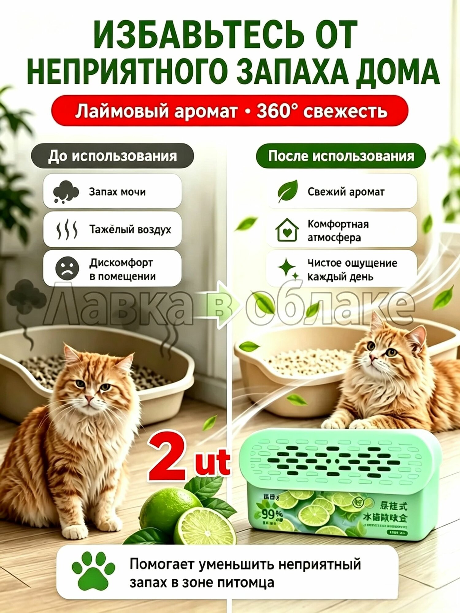 2 шт. Нейтрализатор запаха кошачьей мочи, поглотитель запахов для дома и лотка, антизапах для животных