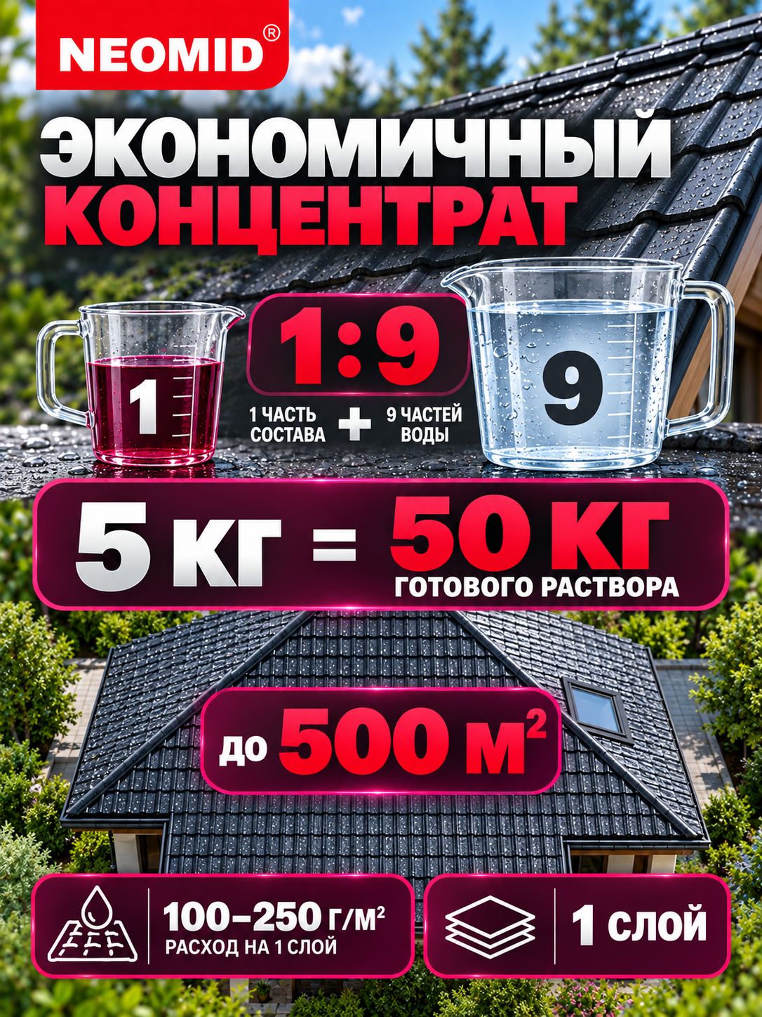 Очиститель кровли долговременная защита NEOMID 660 концентрат 1:9, 5 кг — фото 1